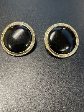 Classic Black Cabochon Gold-Tone Round Clip Earrings